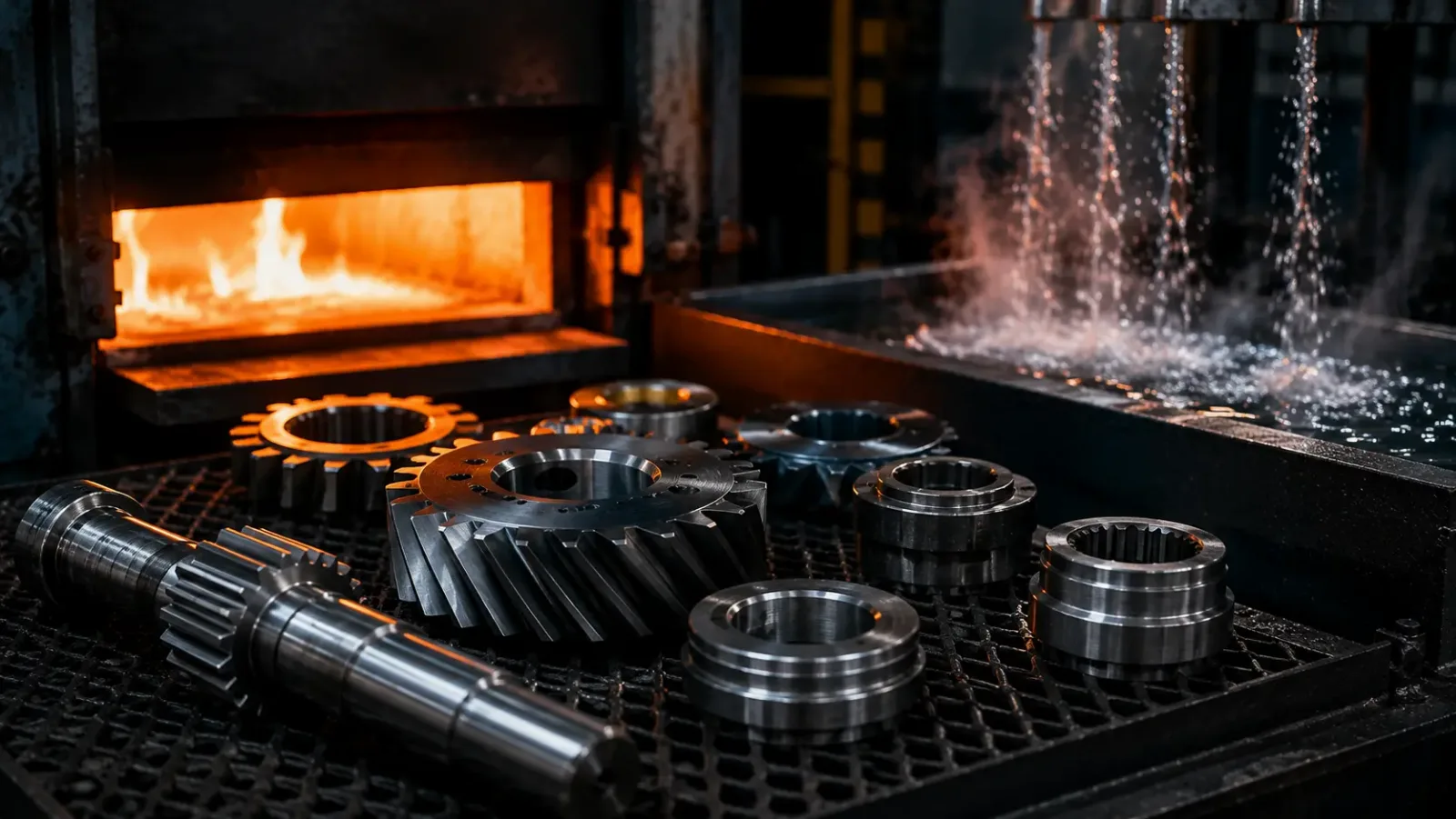 Peças metálicas em processo de têmpera industrial com controle de aquecimento e resfriamento para reduzir deformações