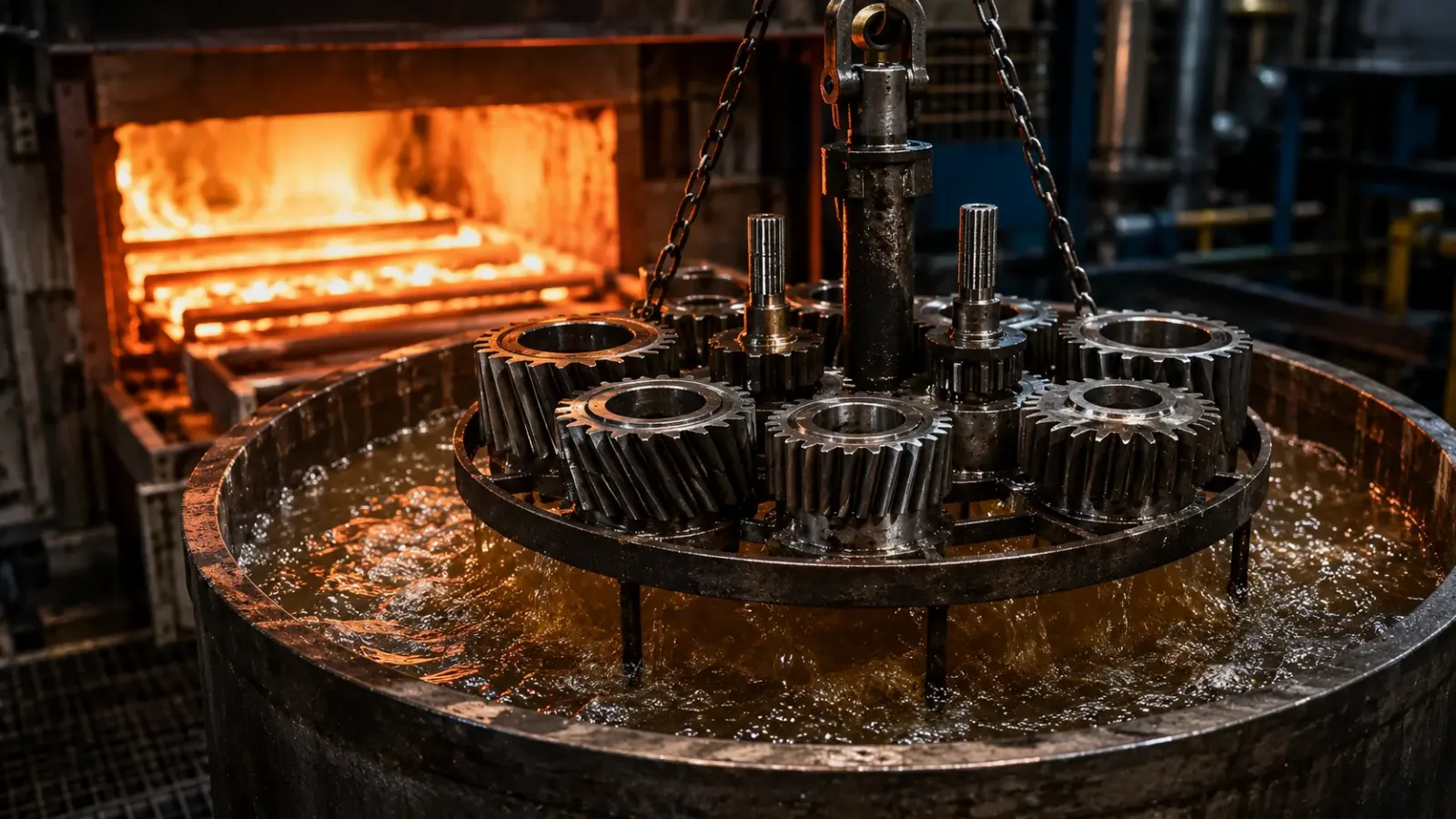 Austêmpera de peças industriais com engrenagens metálicas em processo de tratamento térmico